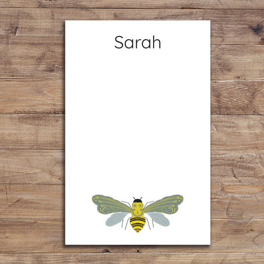 Personalized notepad with bohemian bee design, choice of block or script font.