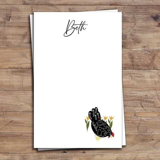Personalized notepad with bohemian chicken design, choice of block or script font.
