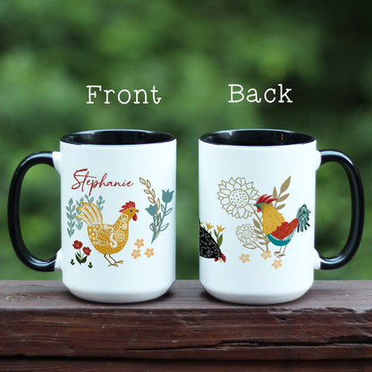 Front and back of Chicken and rooster themed black handle ceramic mug with floral designs in blue, yellow, and red. Personalized with name Stephanie in script.