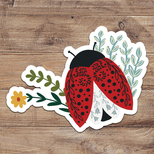 Floral Boho Red and Black Ladybug Sticker