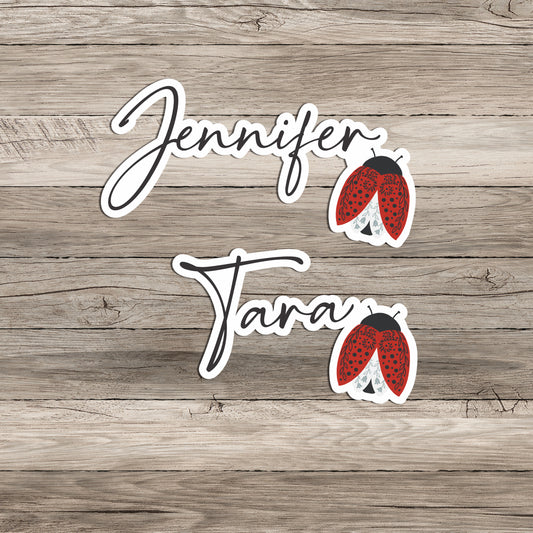 Boho Style Ladybug Sticker Personalized with name in script font on wood background.