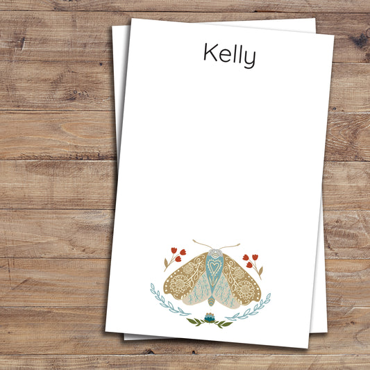 Personalized notepad with bohemian moth design, choice of block or script font.