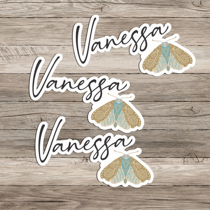 Boho Style Moth Sticker Personalized with name in script font on wood background.