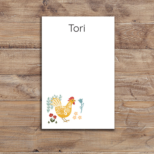 Personalized notepad with bohemian chicken design, choice of block or script font.