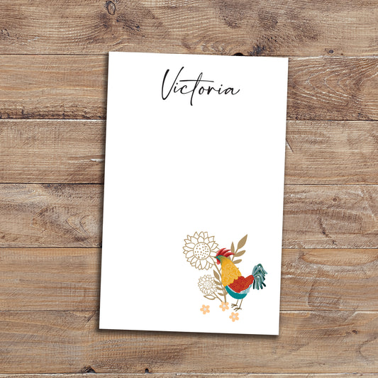 Personalized notepad with bohemian rooster design, choice of block or script font.