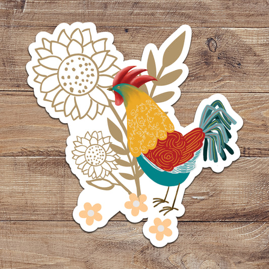Floral Boho Red, Yellow, Blue Rooster Sticker
