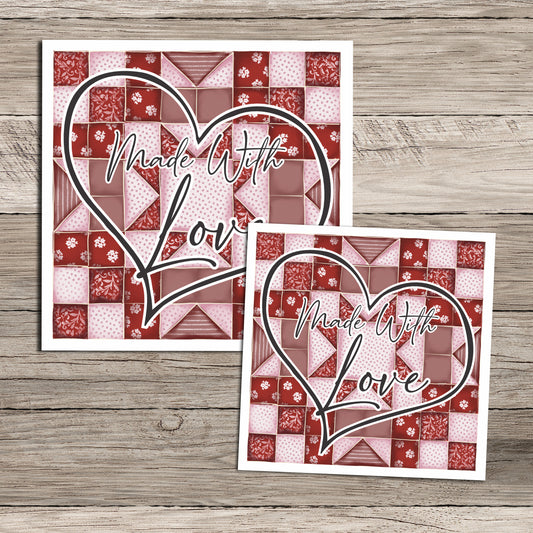 Made with love Valentine's Day quilt star block sticker in reds and pinks