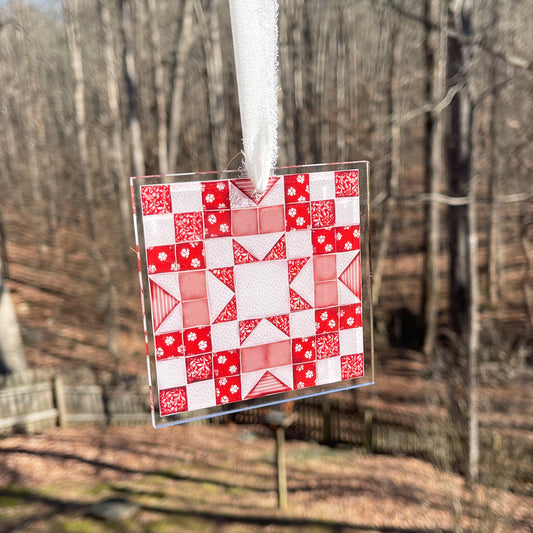 Red and Pink Quilt Star Block Ornament Suncatcher