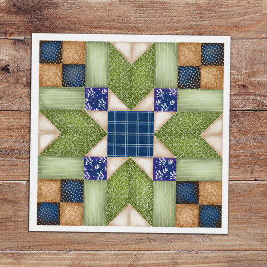 Blackford's Beauty quilt block sticker in blue, green, and tan