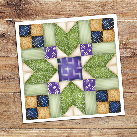 Blackford's Beauty quilt block sticker in purple, blue, green, and tan
