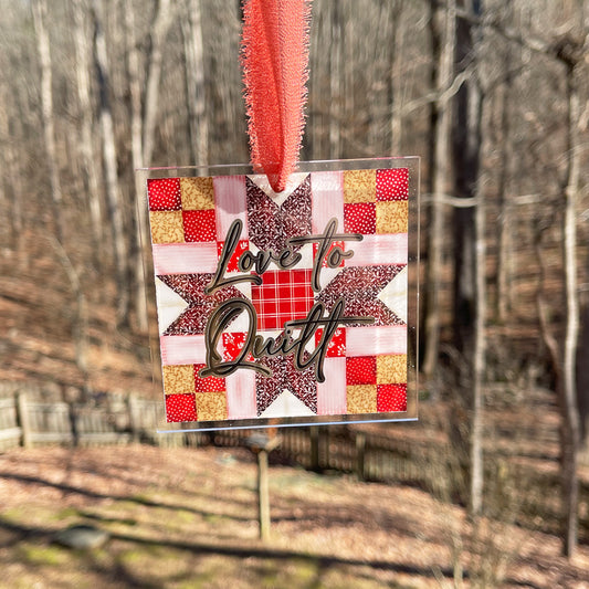 Personalized Valentine's Day quilt star block ornament suncatcher in reds and pinks