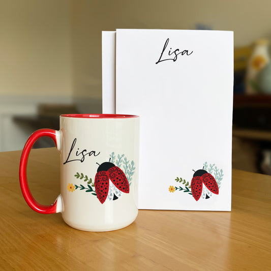 Personalized Ladybug Mug, Notepad & Sticker Set