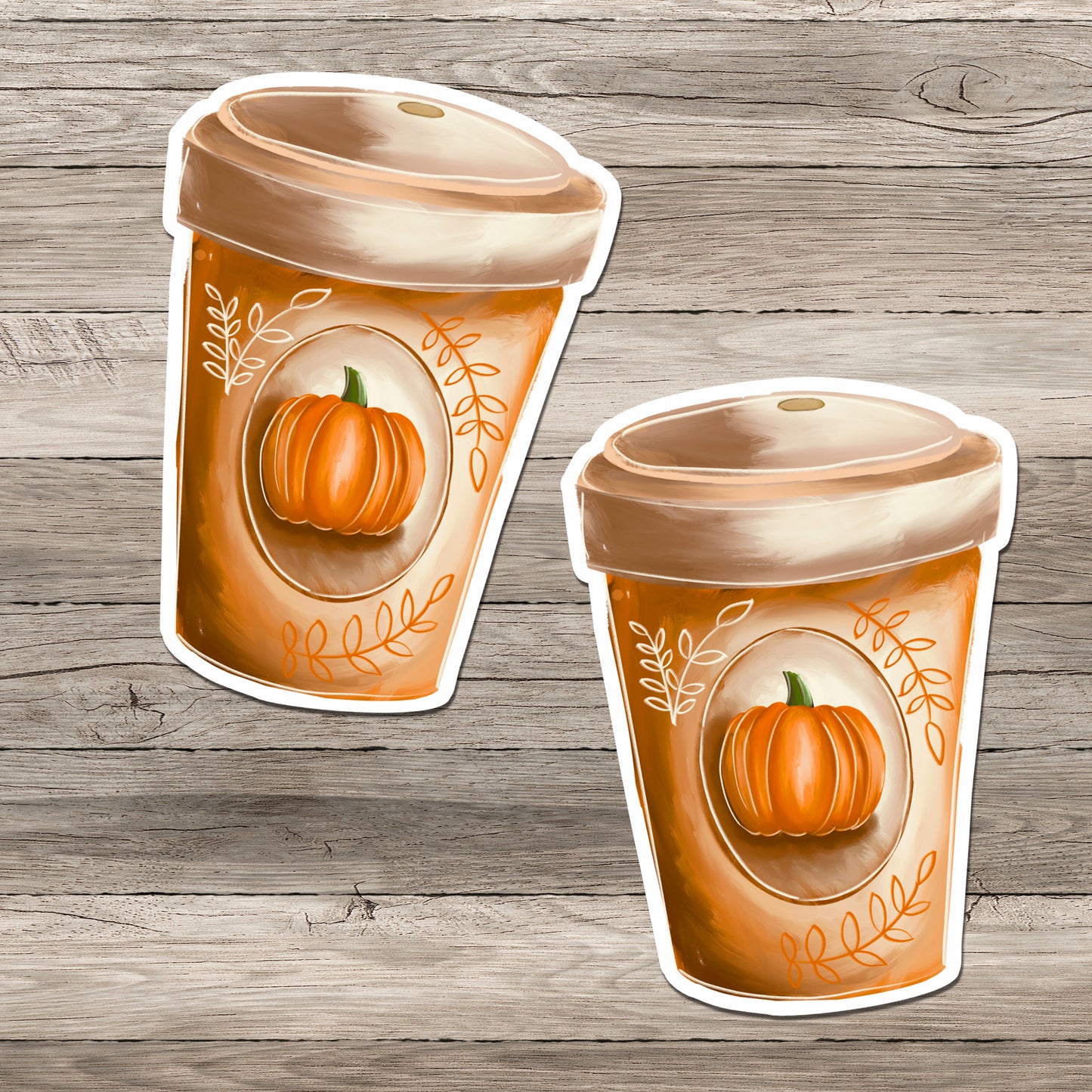 Two Pumpkin Spice Latte Fall Coffee Cup UV Vinyl Stickers on gray wood background.