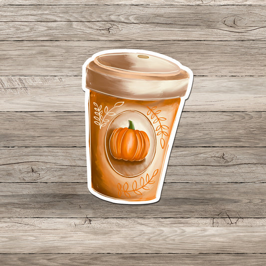 Pumpkin Spice Latte Fall Coffee Cup UV Vinyl Sticker on gray wood background.
