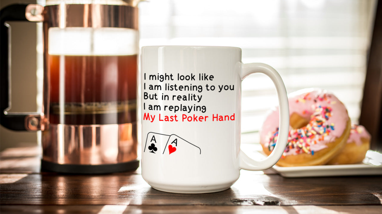 Poker mug in front of doughnuts and coffee pot