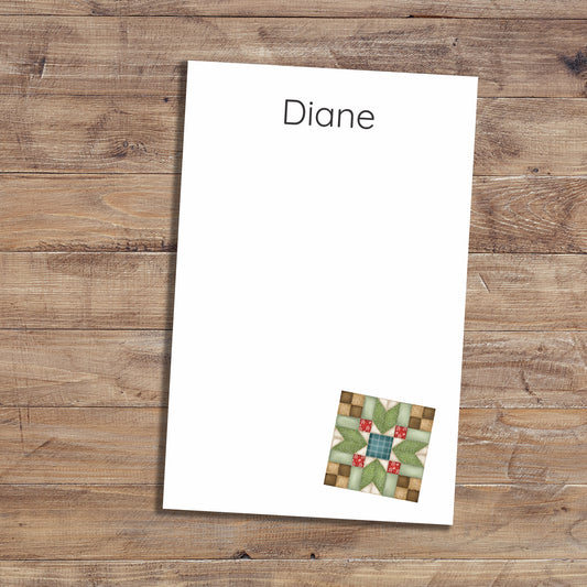 Personalized notepad blackford's beauty quilt block design, choice of block or script font.