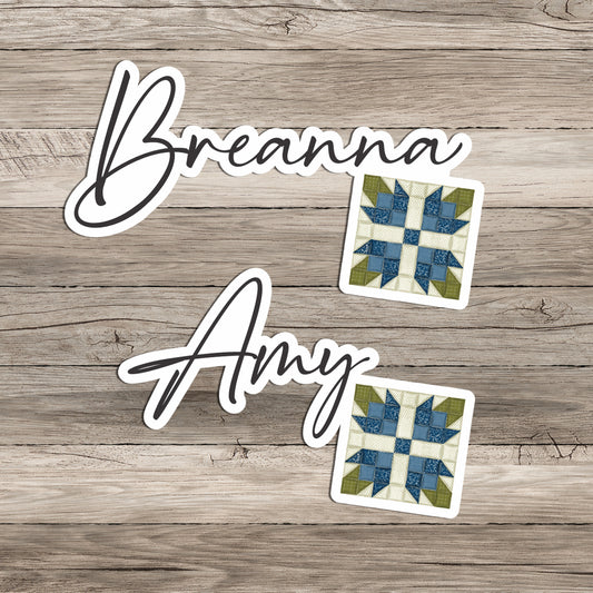 Tea Rose Quilt Block Blue Sticker Personalized with name in script font on wood background.
