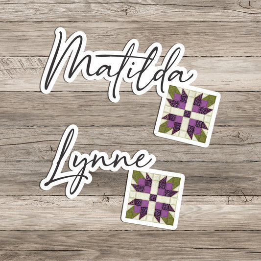 Tea Rose Quilt Block Purple Sticker Personalized with name in script font on wood background.