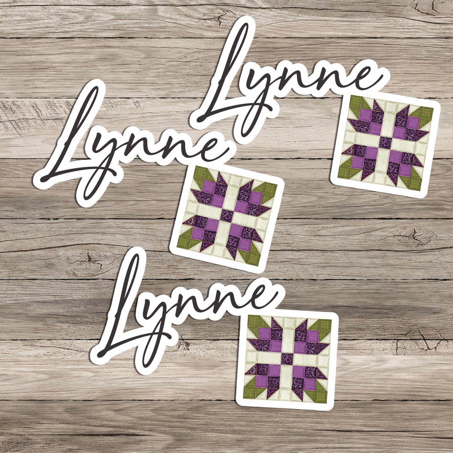 Tea Rose Quilt Block Purple Sticker Personalized with name in script font on wood background.