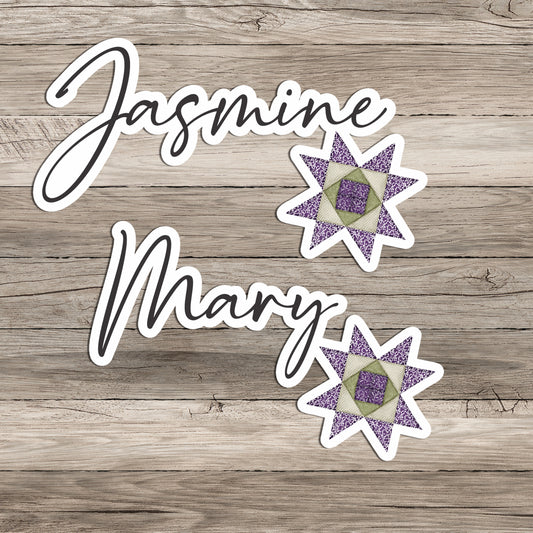 Quilt Star Block Purple Sticker Personalized with name in script font on wood background.