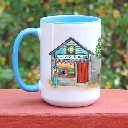 Quilt Shoppe Mug featuring window shopper on blue mug