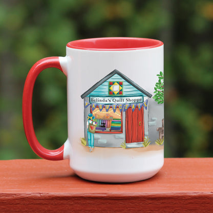 Quilt Shoppe Mug featuring window shopper on red mug