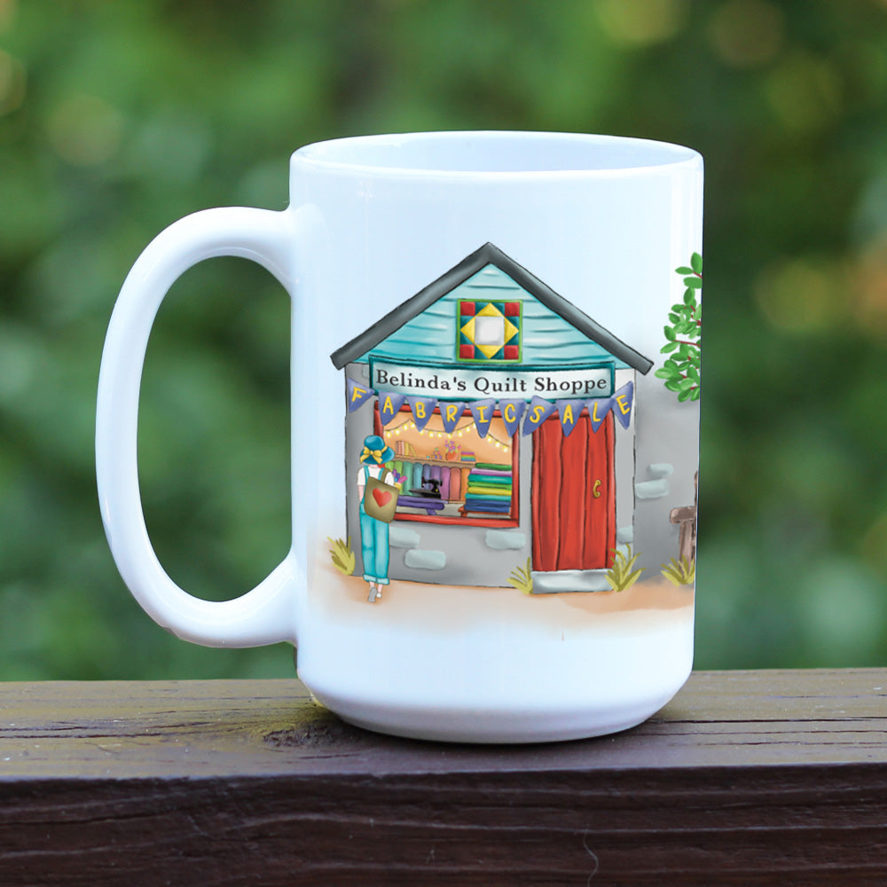 Quilt Shoppe Mug featuring window shopper on white mug
