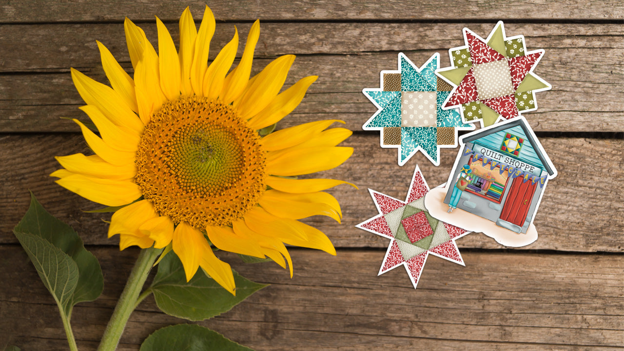 Featured quilt stickers next to sunflower