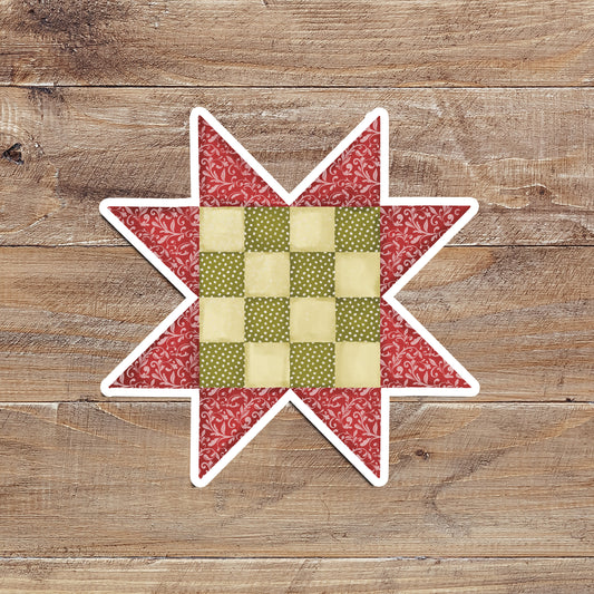 Sawtooth Star Quilt Block Sticker in red and Green for Christmas