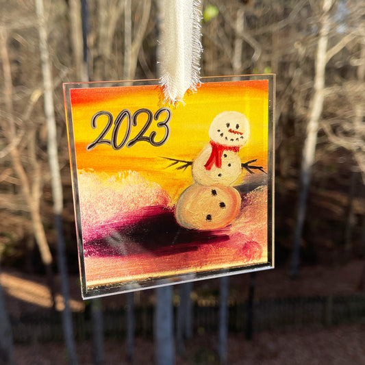 Personalized snowman acrylic ornament.
