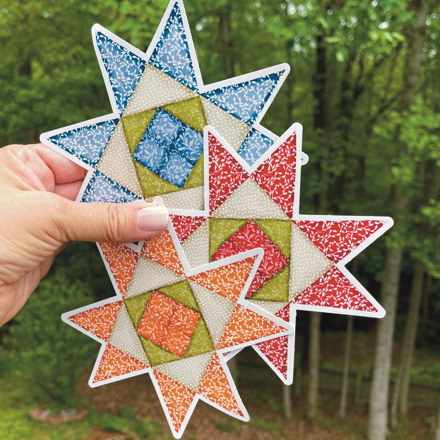 Set of three Star Quilt Block Sticker in Orange, blue and red large