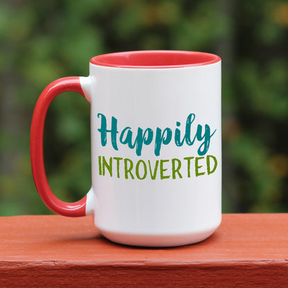 Happily Introverted ceramic coffee mug with red handle