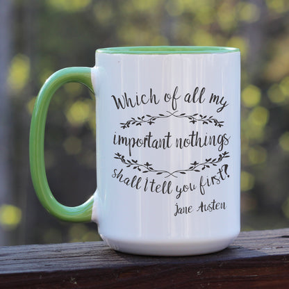 Jane Austen Pride and Prejudice quote white coffee mug with green handle.