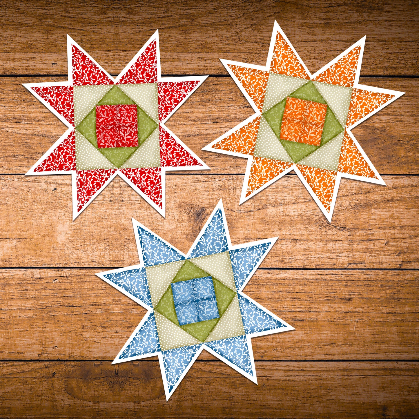 Set of three Star Quilt Block Sticker in Orange, blue and red