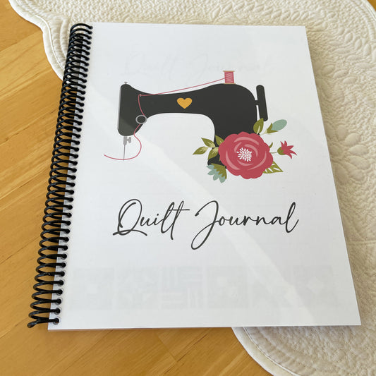 Quilt journal spiral bound with antique sewing machine