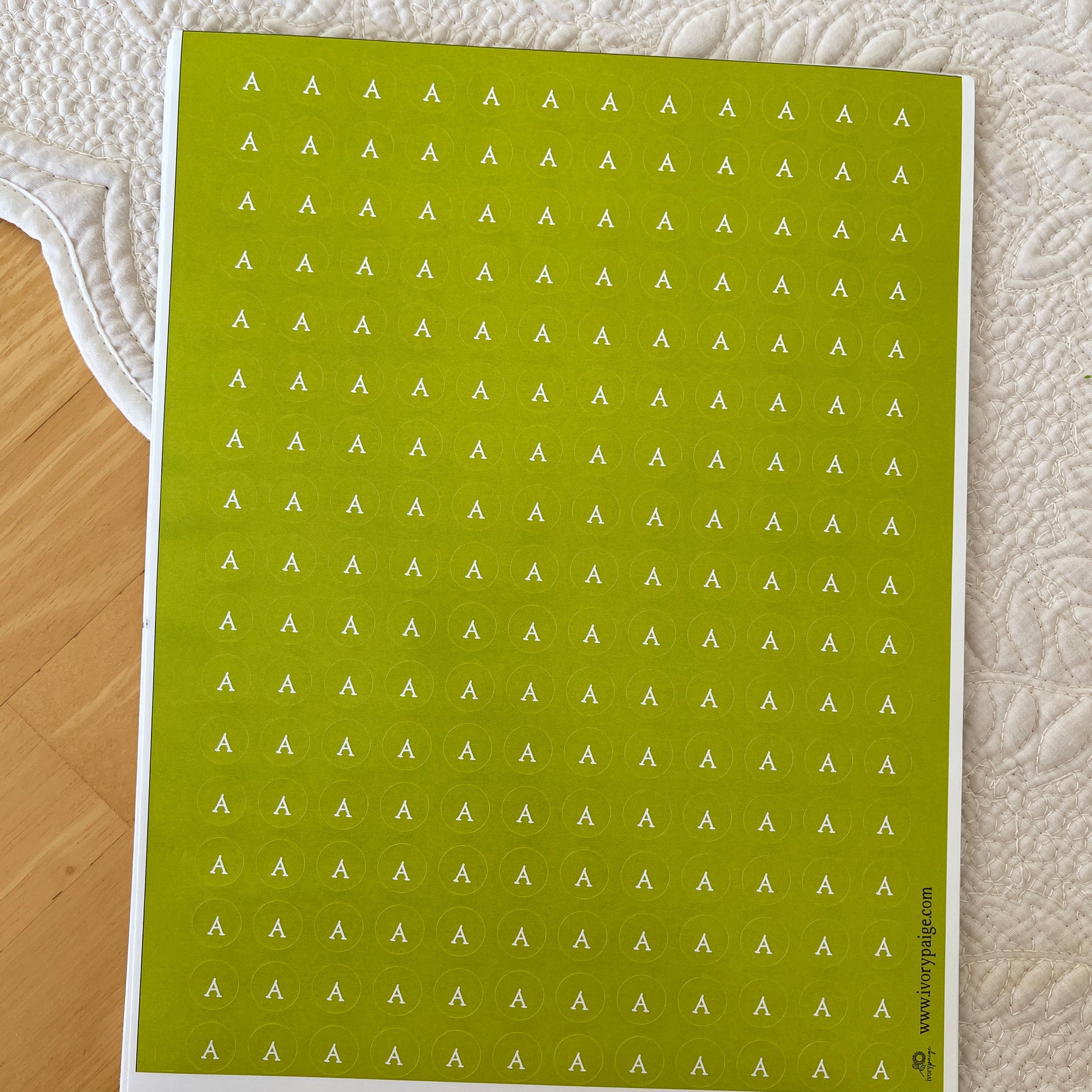 Green letter A stickers for quilt sewing pieces