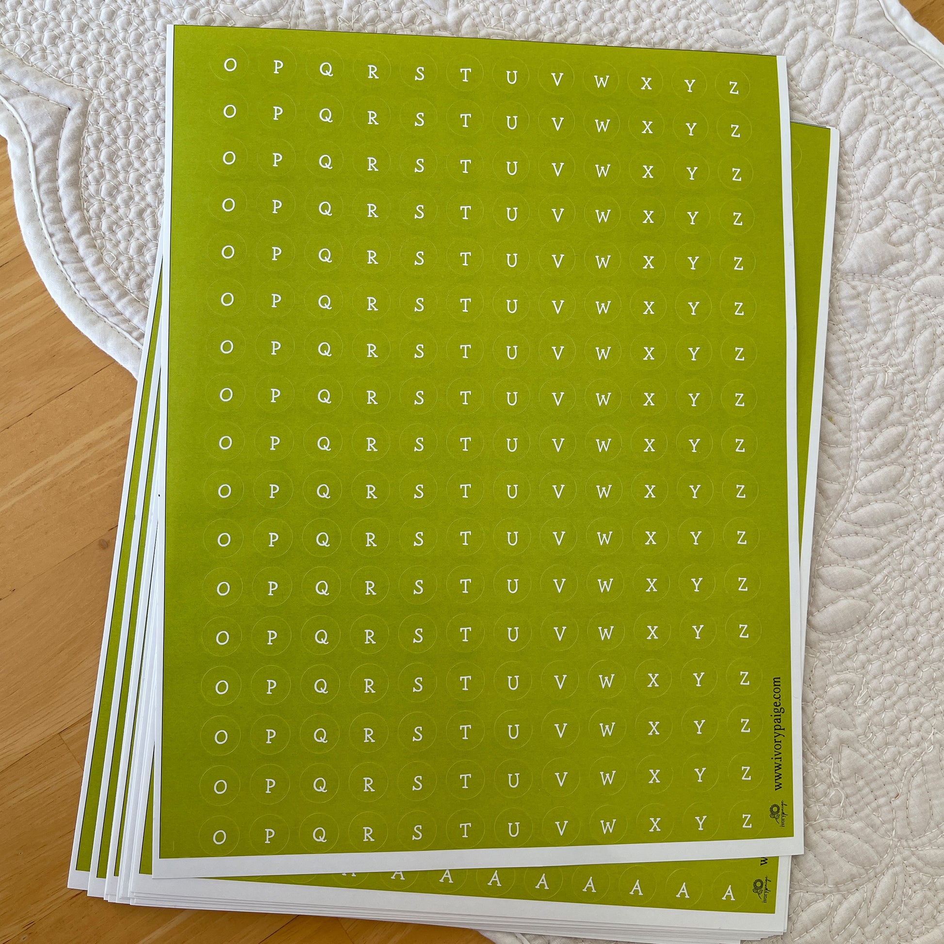 Green letter O-Z stickers for quilt sewing pieces