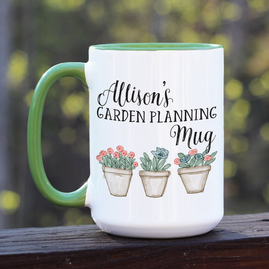 Personalized Garden Planning mug with green handle.