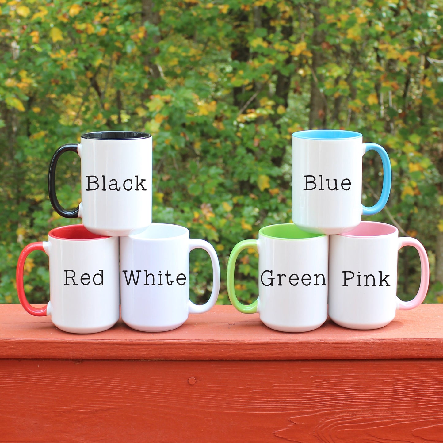 Coffee mug color options - black, red, white, blue, green, pink