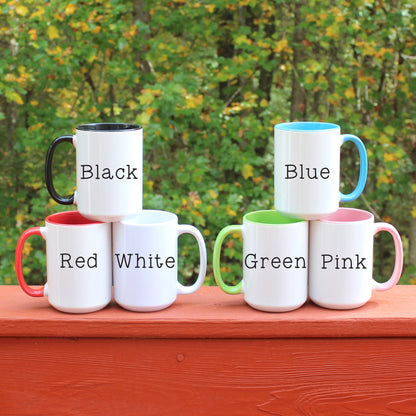 Coffee mug color options - black, red, white, blue, green, pink