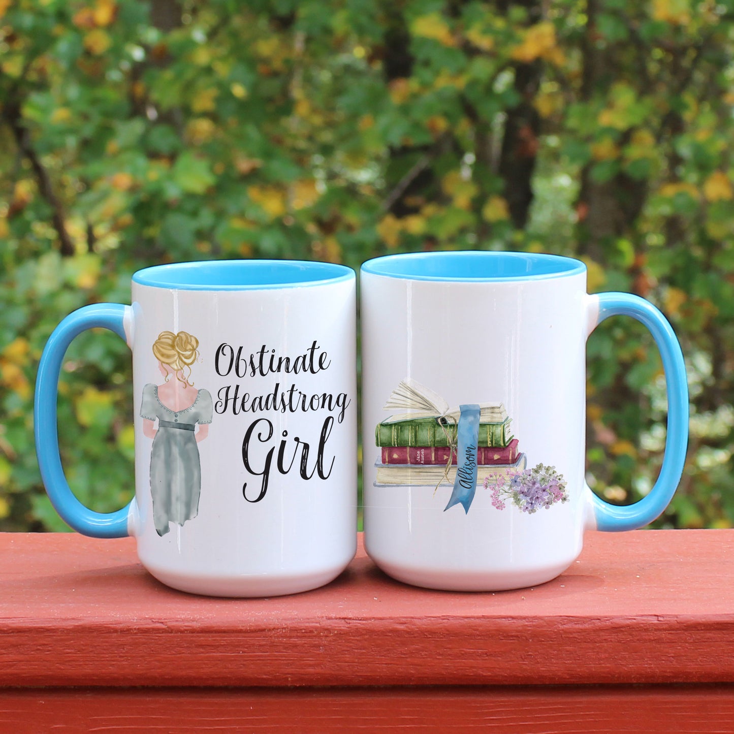 Jane Austen Pride and Prejudice Obstinate Headstrong Girl quote white coffee mug with blue handle. Front and Back.