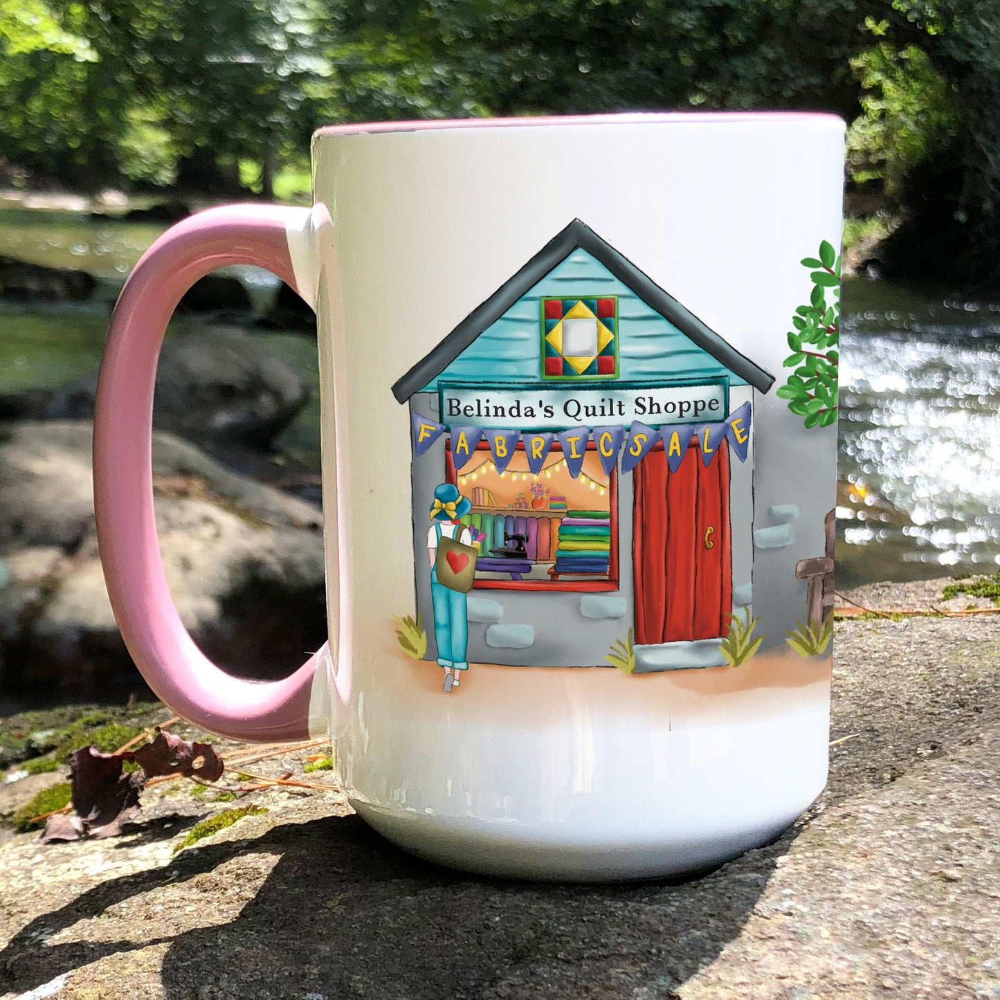 Quilt Shoppe Mug featuring window shopper on pink mug
