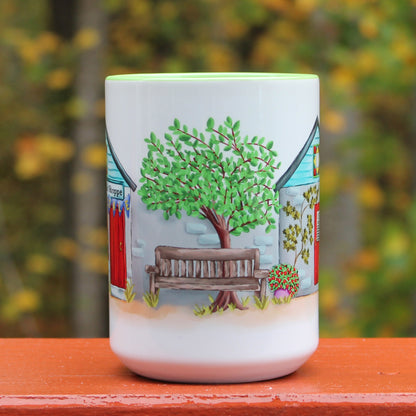 Quilt Shoppe Mug featuring window shopper on green mug middle view