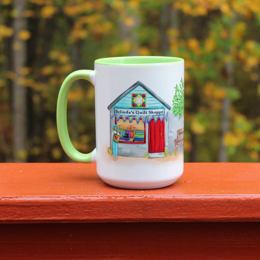 Quilt Shoppe Mug featuring window shopper on green mug