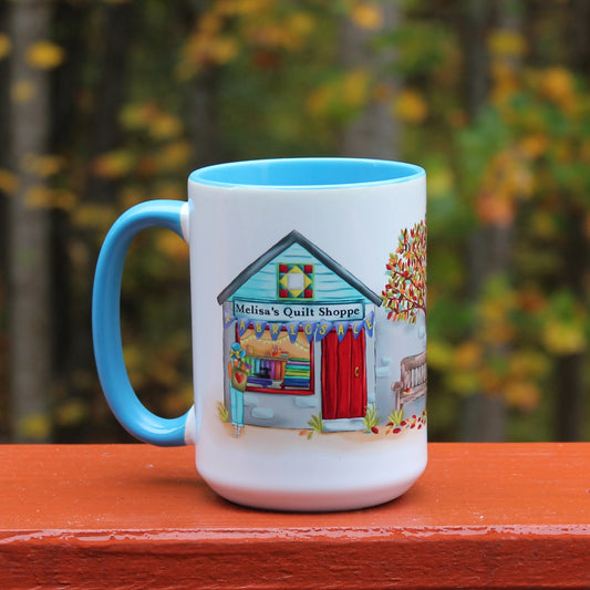 Fall Quilt Shoppe Mug featuring window shopper on blue mug