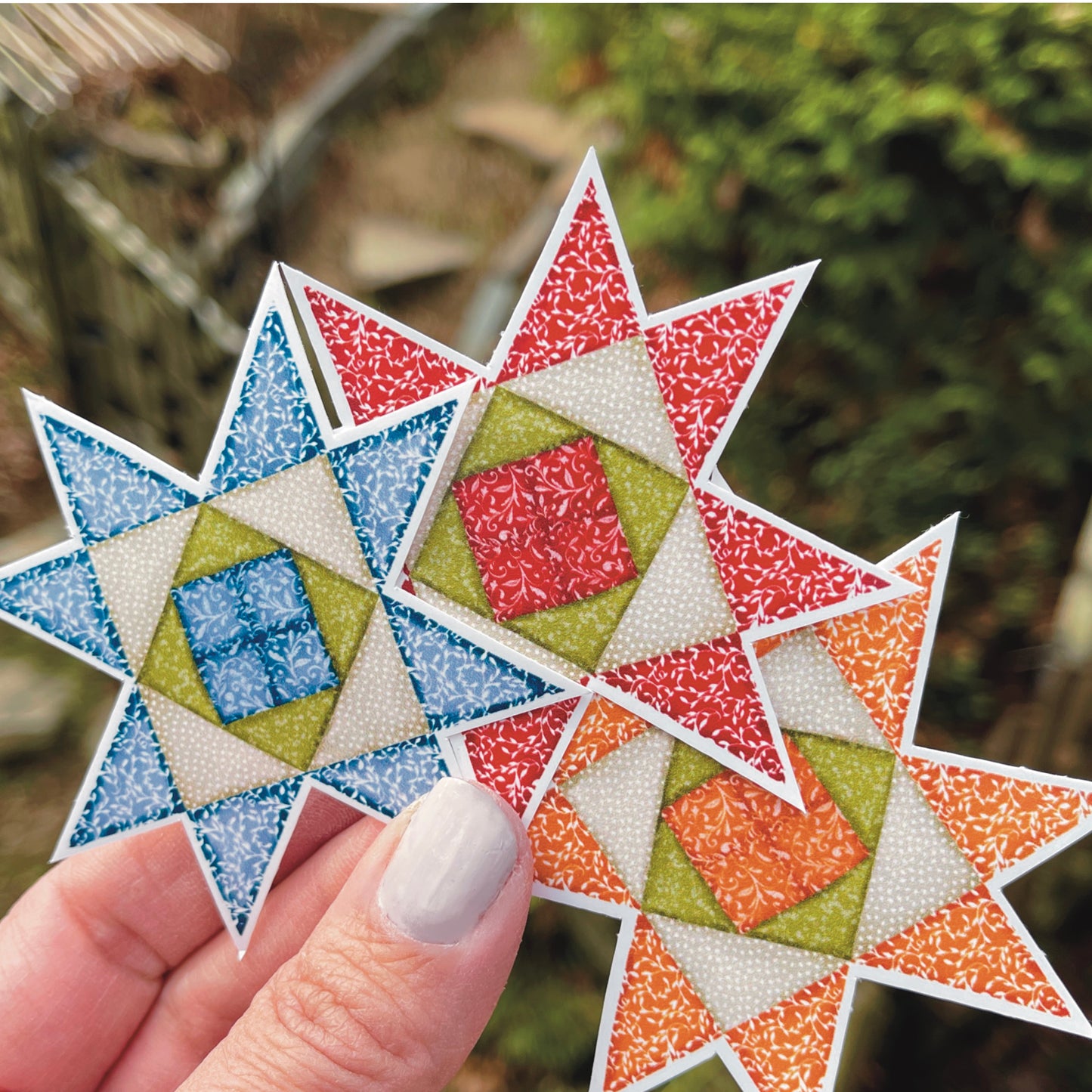 Set of three Star Quilt Block Sticker in Orange, blue and red