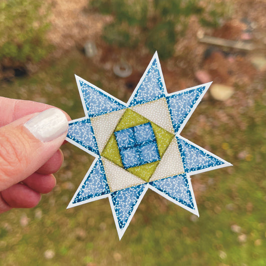 Sawtooth Star Quilt Block Sticker in Blue and Green 