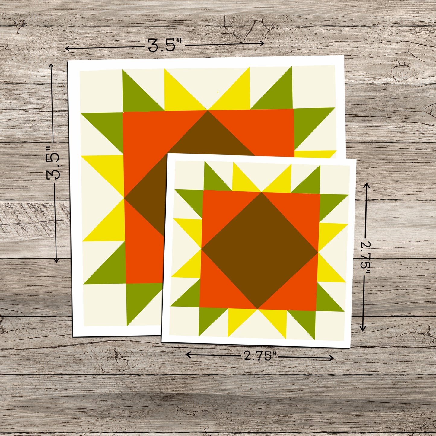 Two Sunflower Barn Quilt square stickers in orange, yellow, and green on a weathered light gray wood background with measurements of 3.5" x 3.5" and 2.75" x 2.75".