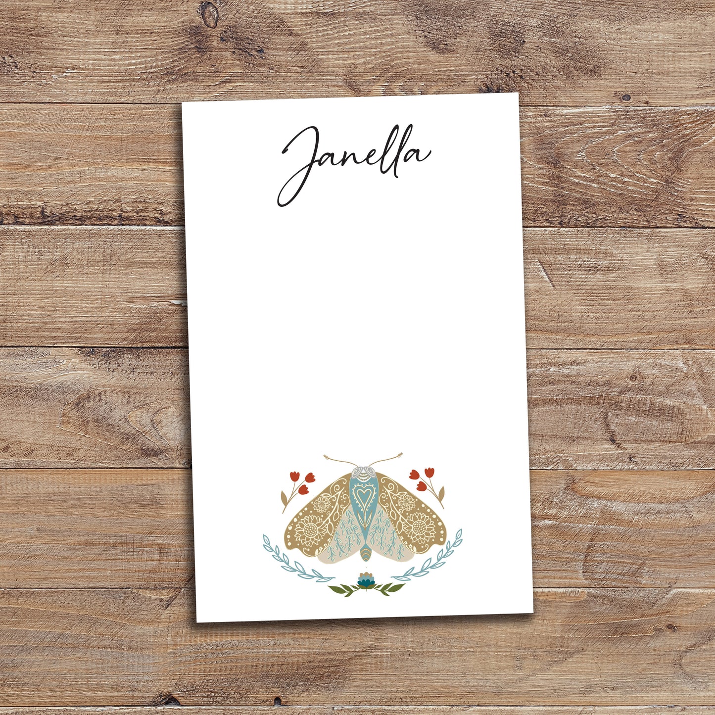 Personalized notepad with bohemian moth design, choice of block or script font.