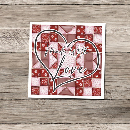 Made with love Valentine's Day quilt star block sticker in reds and pinks